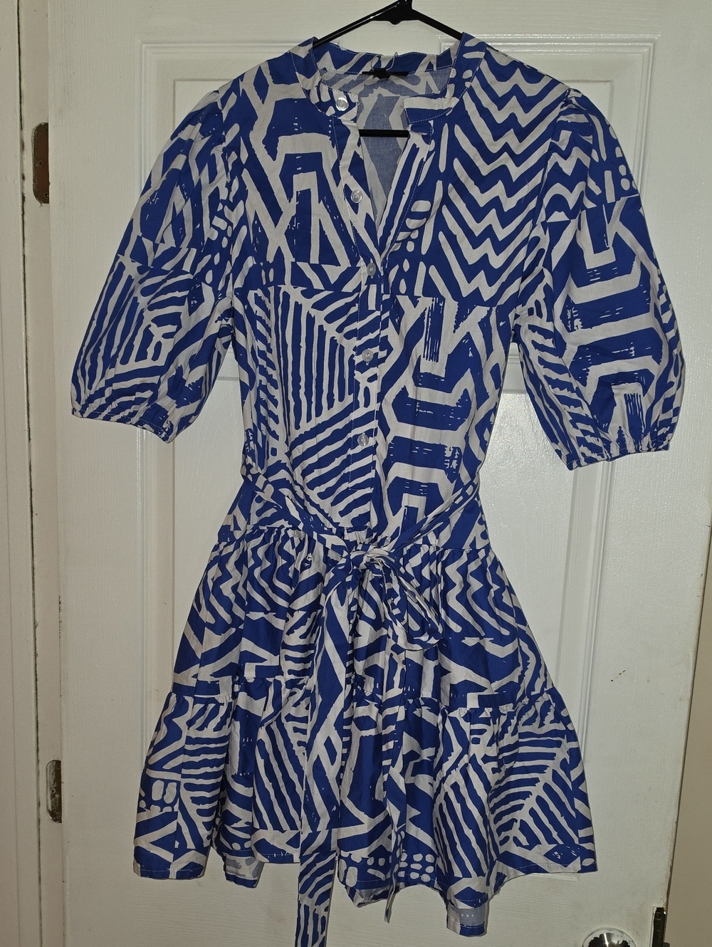 Blue & White Abstract Print Tie-Waist Mini Dress by